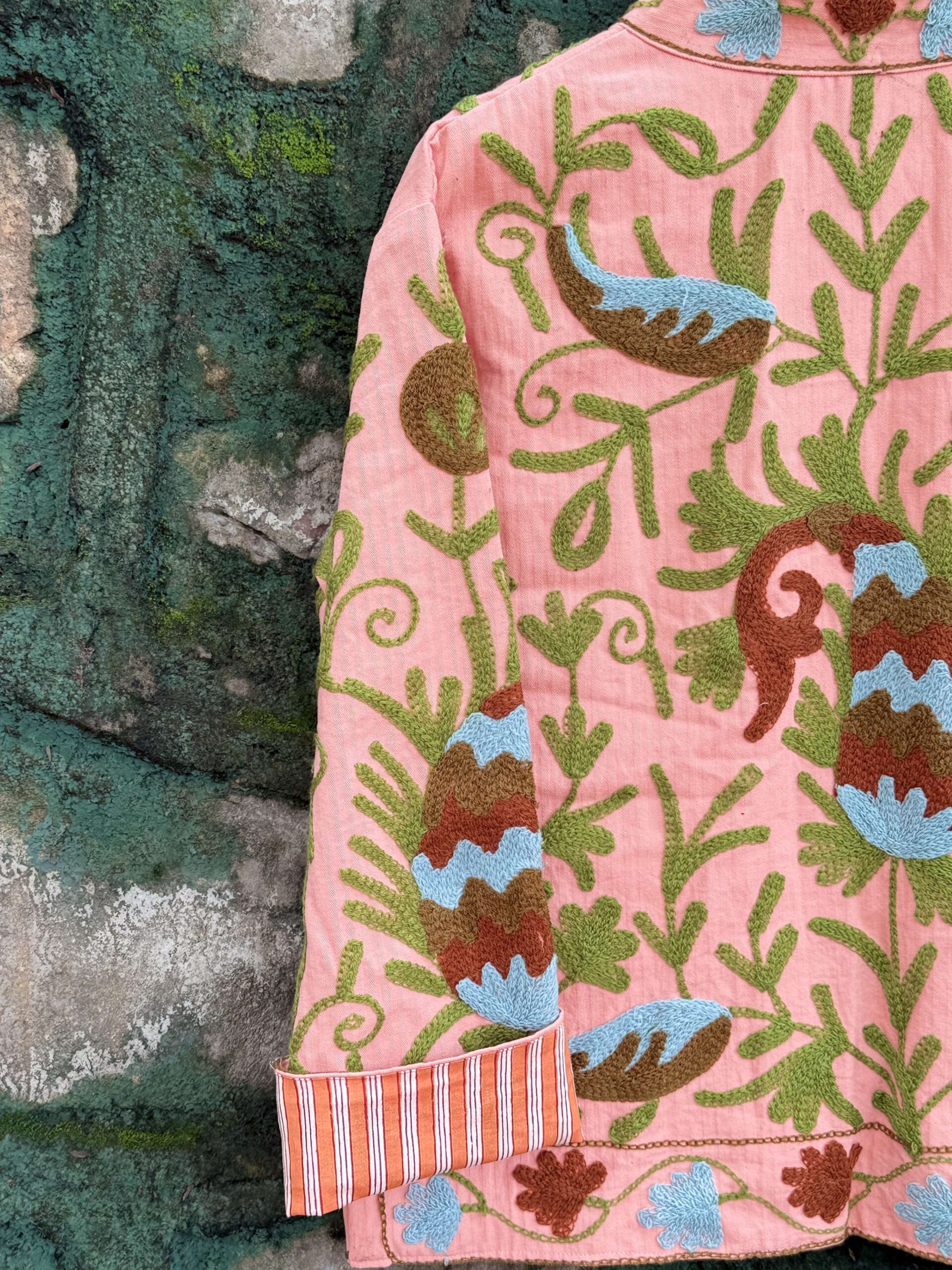 Womens Light Pink Velvet Embroidered Jacket with Floral Design - Image 6