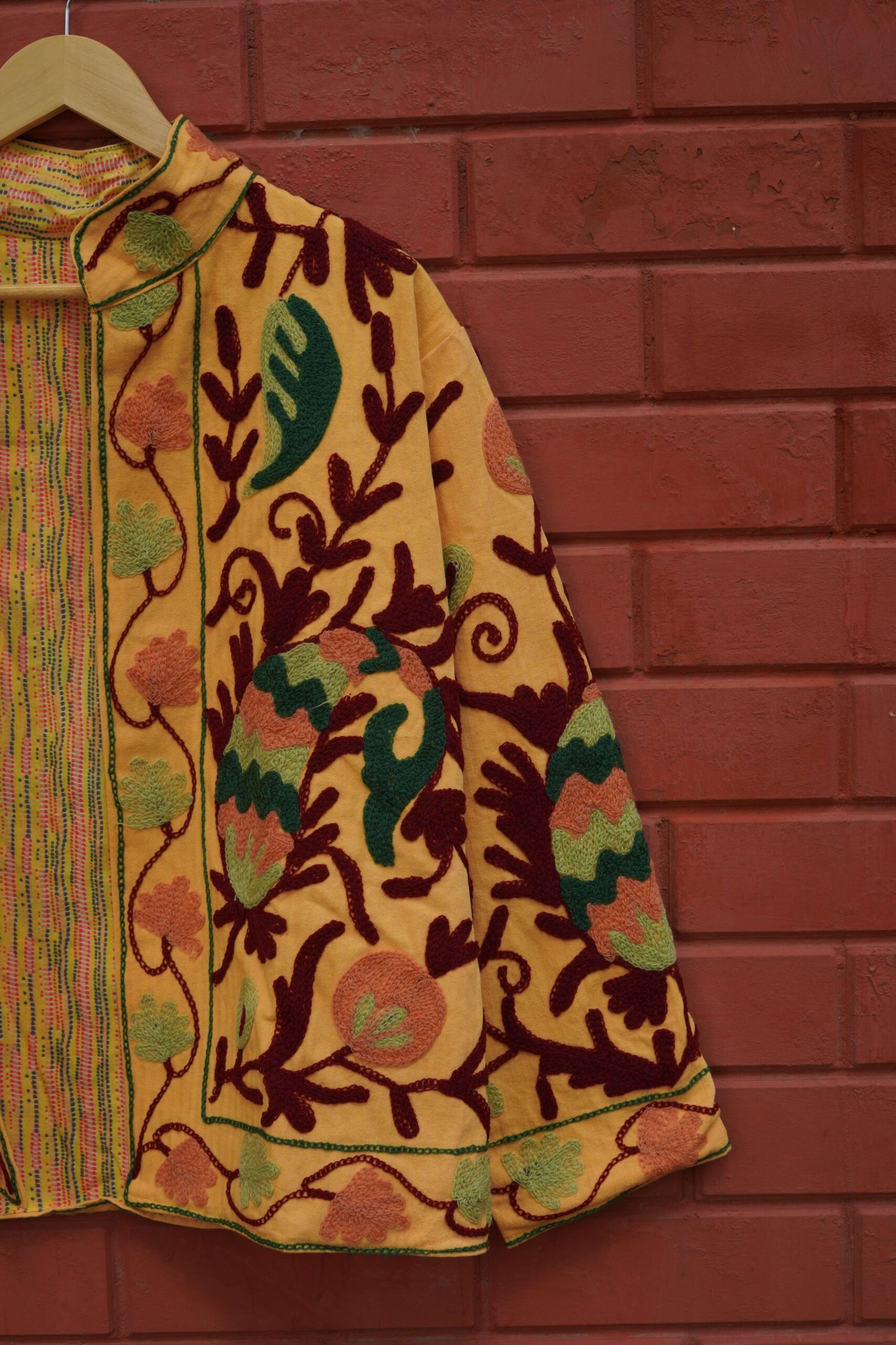Womens Yellow Velvet Embroidered Jacket with Floral Design - Image 3