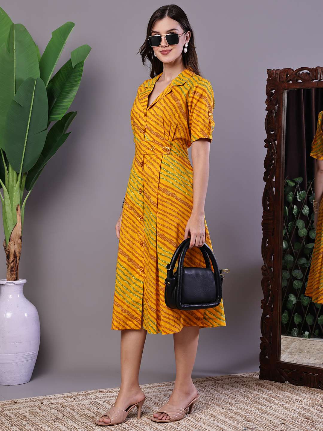 Women's Yellow Printed Cotton Shirt Dress