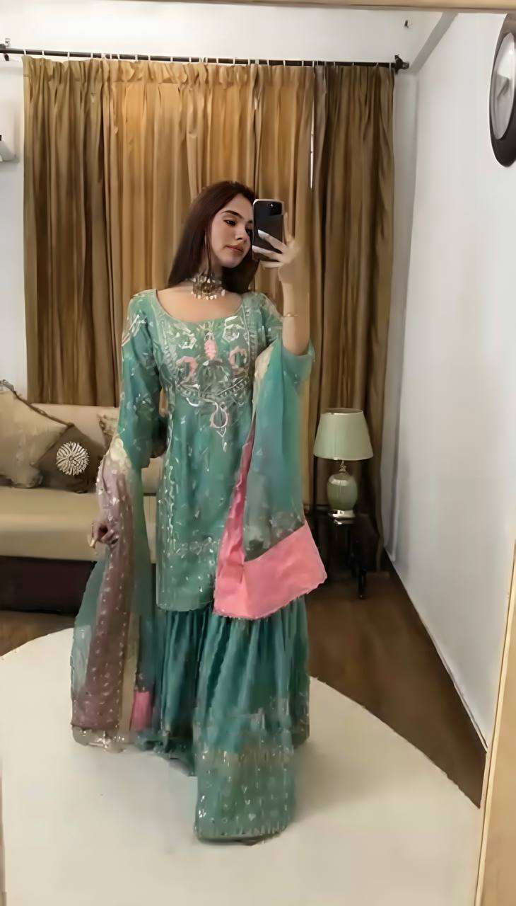 Women's Chinon Silk Heavy Embroidery Straight Kurta With Sharara and Dupatta set - Image 2